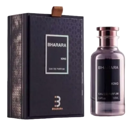 A black bottle of Bharara King Eau de Parfum with a distinctive label, alongside its box which has 'BHAROO' written on it. Both items have a metallic and elegant appearance.