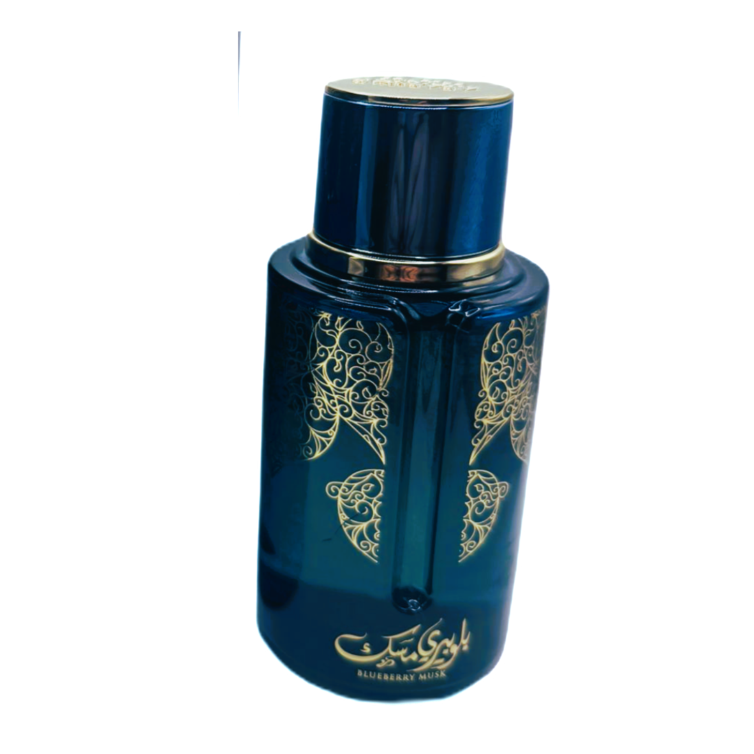Blue perfume bottle with gold designs on a white background
