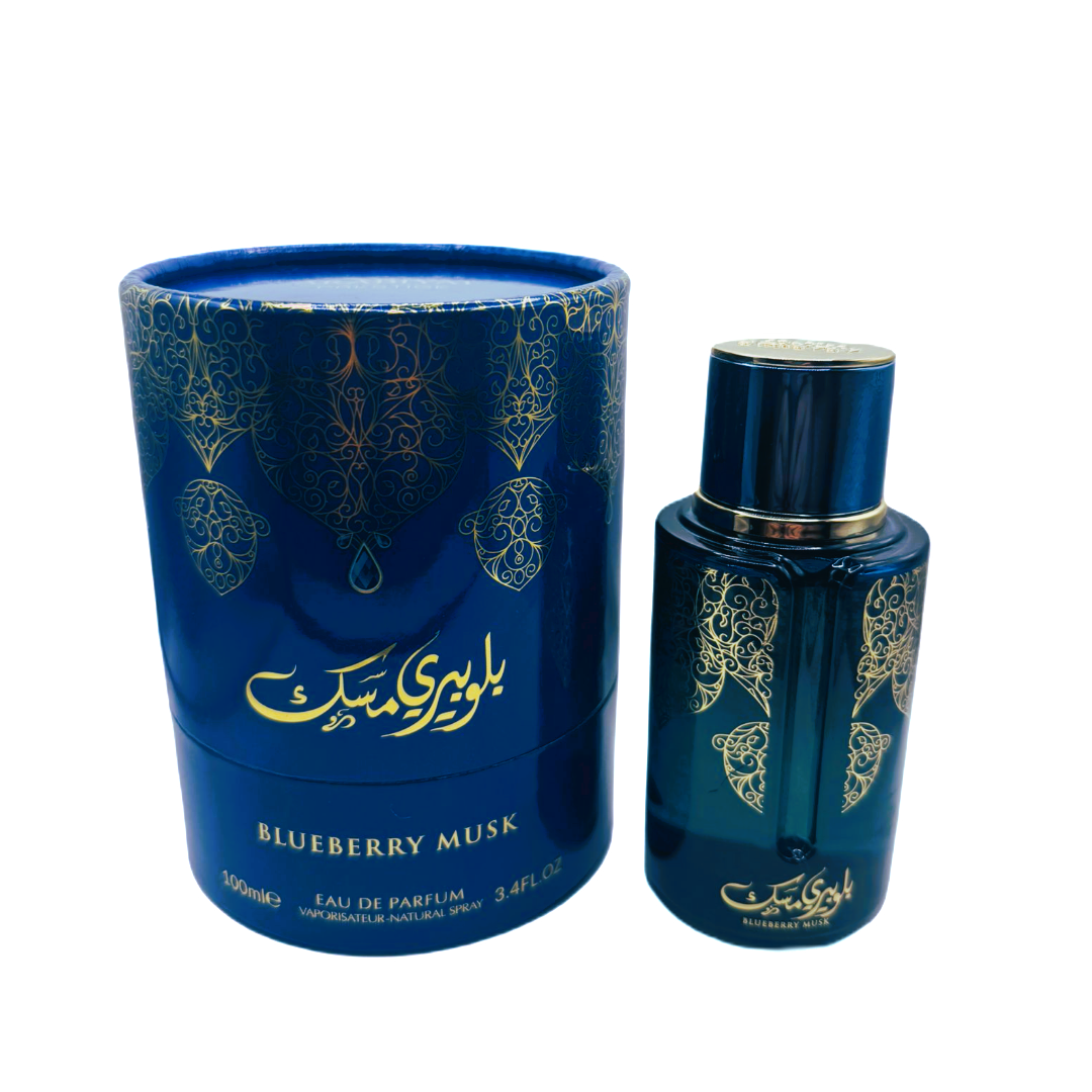 Blueberry Musk perfume bottle and packaging on a white background