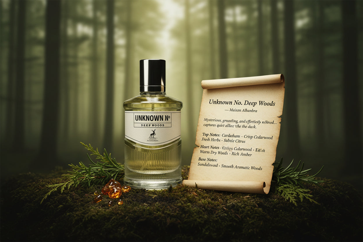 Bottle of 'Unknown No. 1 Deep Woods' cologne on a gray background