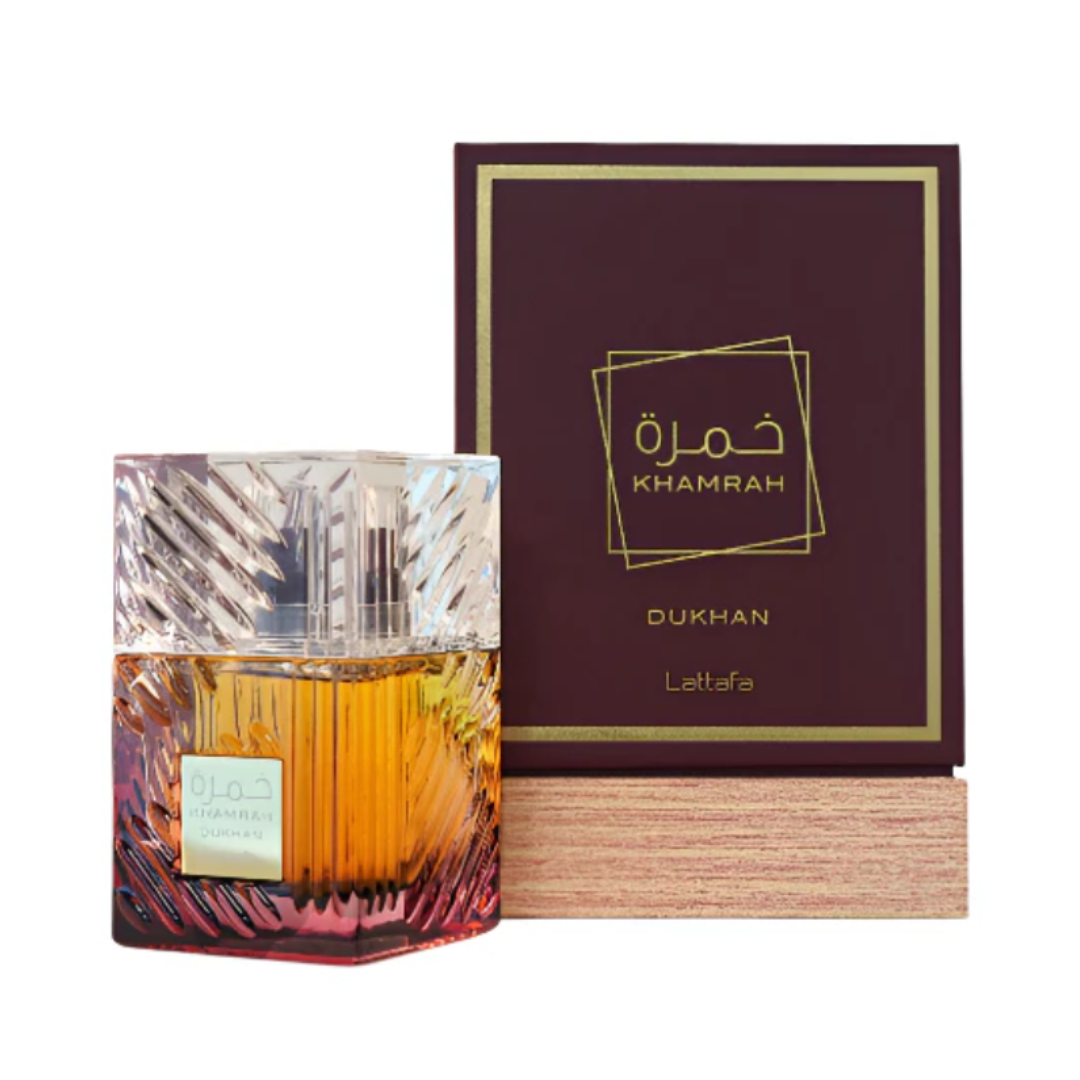 Khamrah Dukhan by Lattafa box and bottle