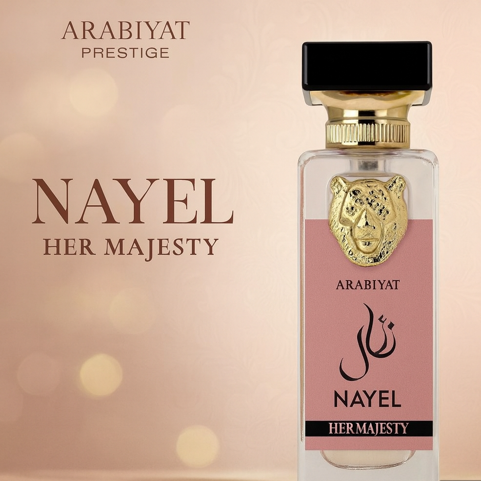Arabiyat Nayel Her Majesty perfume bottle on a beige background
