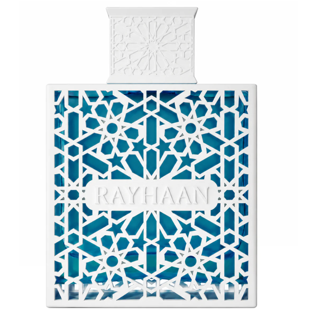 Rayhaan perfume bottle with a white geometric cutout design and blue background, featuring the brand name 'RAYHAAN' on the front.