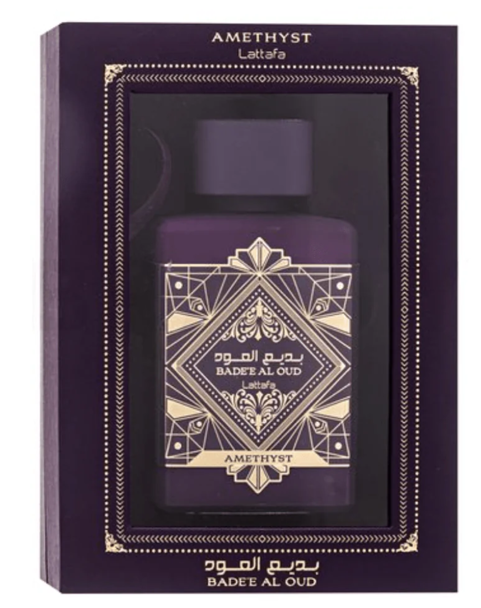 Badee al Oud Amethyst Eau de Parfum by Lattafa, bottle in box front facing