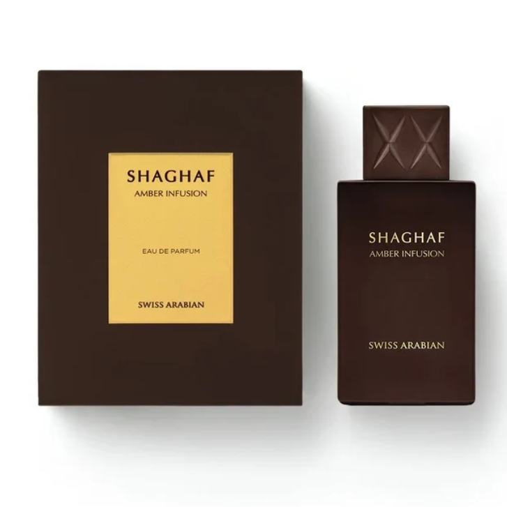 Shaghaf Amber Infusion Eau de Parfum bottle and its matching dark brown box with a gold label, shown on a clean white background.