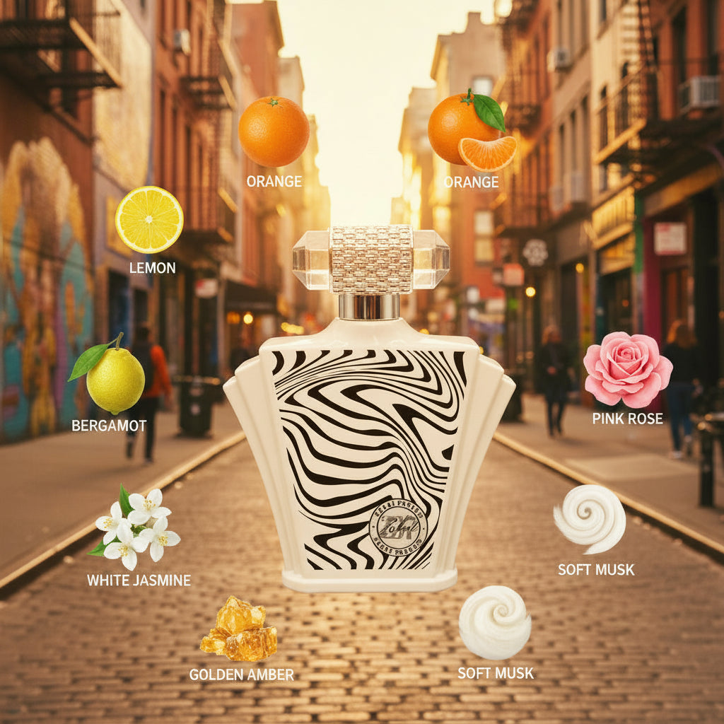 Perfume bottle with zebra pattern on a metallic surface