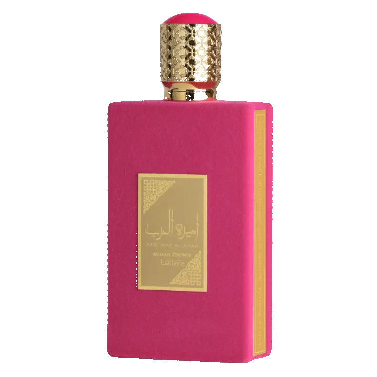 Pink perfume bottle with gold cap and label on a white background