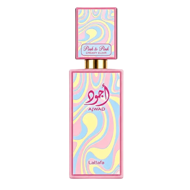 A rectangular perfume bottle with a colorful pastel swirl pattern in pink, yellow, and blue, featuring a gold neck and a matching cap. The bottle is branded with 'AJWAD' and 'Lalafa' on the front, and 'Pink to Pink Creamy Elixir' on the cap.