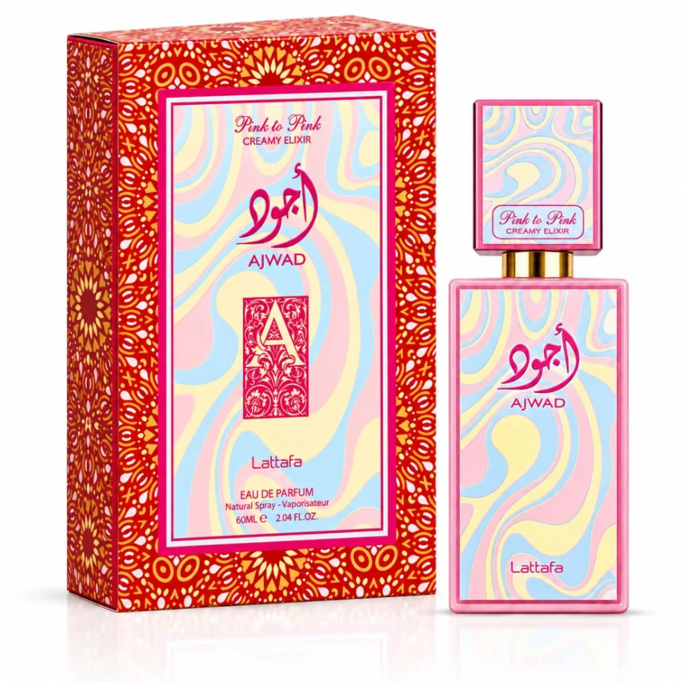 A perfume bottle and its matching outer box from the brand AJWAD, featuring a vibrant pink, yellow, and blue marbled pattern. The box has a red and orange geometric border, and both items are labeled 'Pink to Pink' and 'Lattafa'.