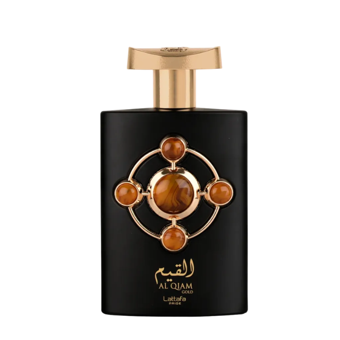 black bottle with gold top and atom graphic in the center