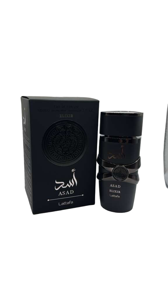 Black perfume bottle and packaging with 'ASAD' branding on a white background
