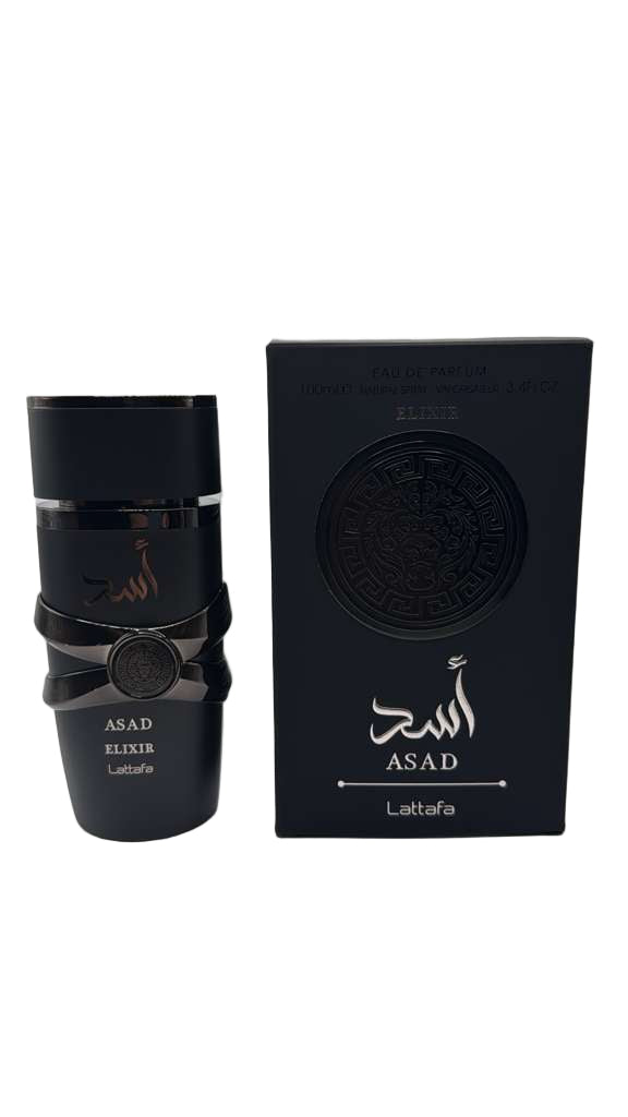 Black perfume bottle and packaging with 'Asad' branding on a white background