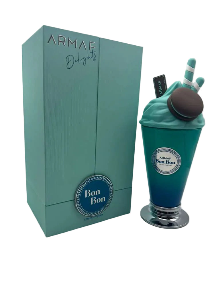 Blue-themed dessert with a box labeled 'Armae' on a white background