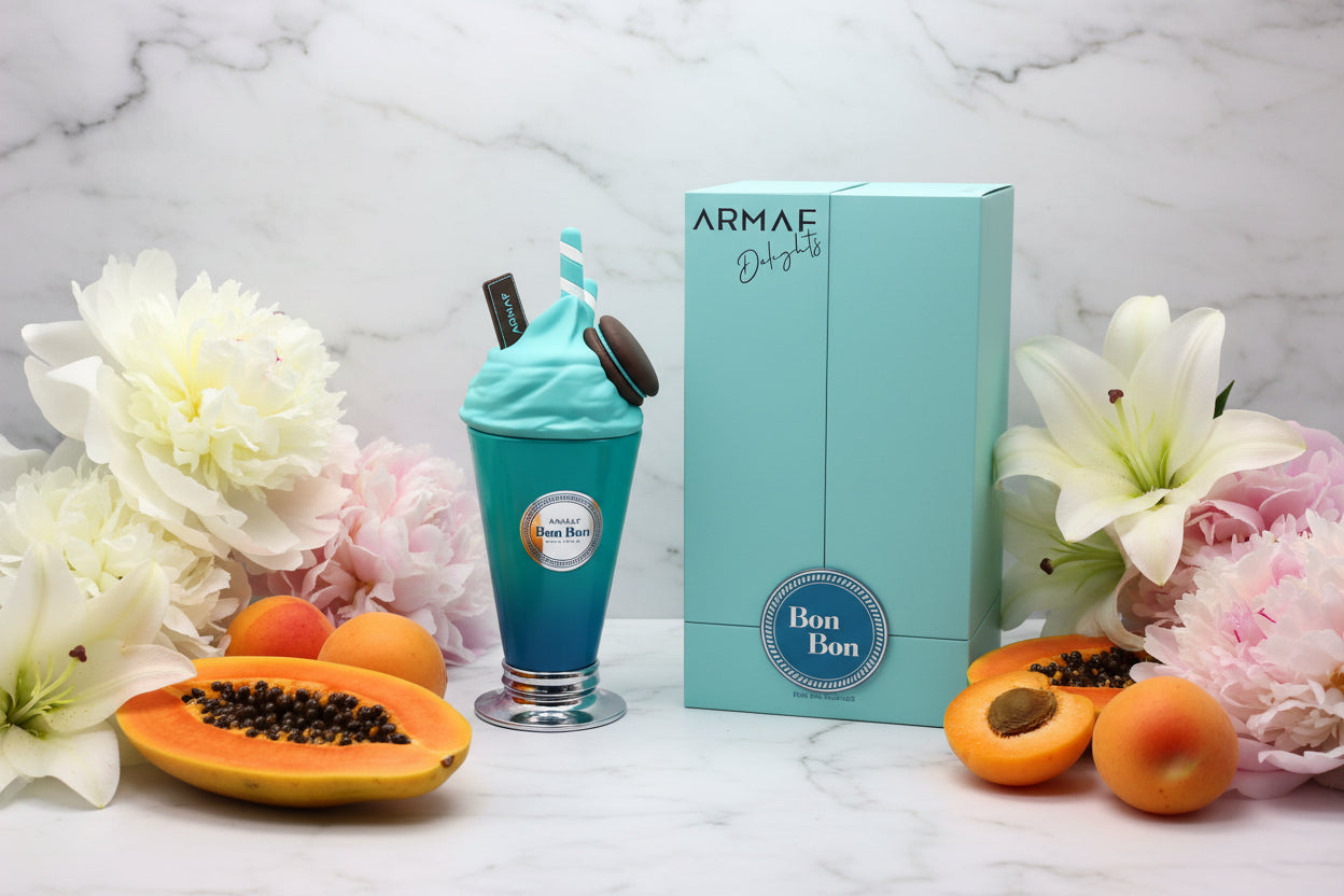 Turquoise ice cream cone with a box labeled 'Armaf' on a white background