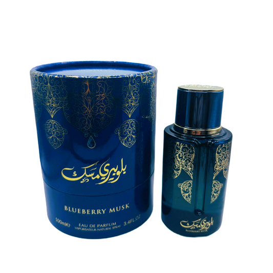 Blueberry Musk perfume bottle and packaging on a white background