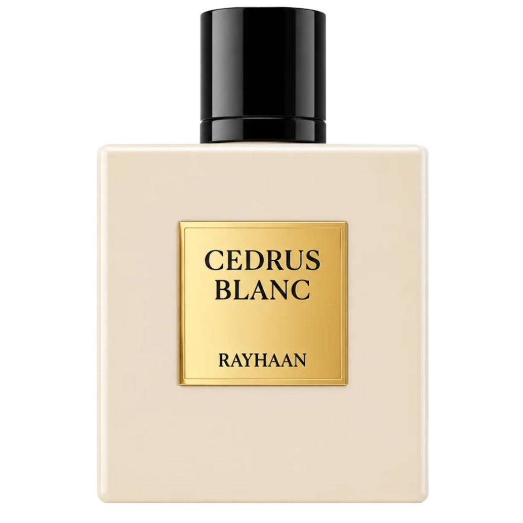 A square beige fragrance bottle with a black cylindrical cap and a gold front label reading 'CEDRUS BLANC' and 'RAYHAAN', shown on a plain white background.