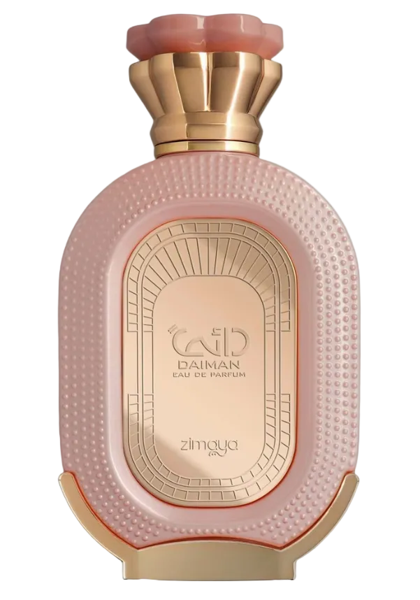 pink bottle with gold embellishments