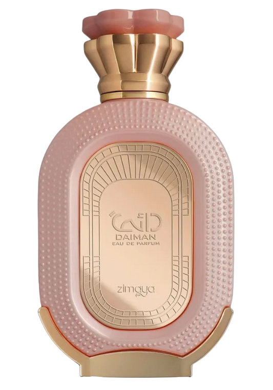pink bottle with gold embellishments