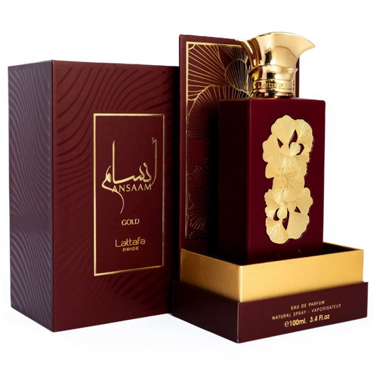 Ansaam Gold by Lattafa Pride Eau de Parfum, full product box and bottle