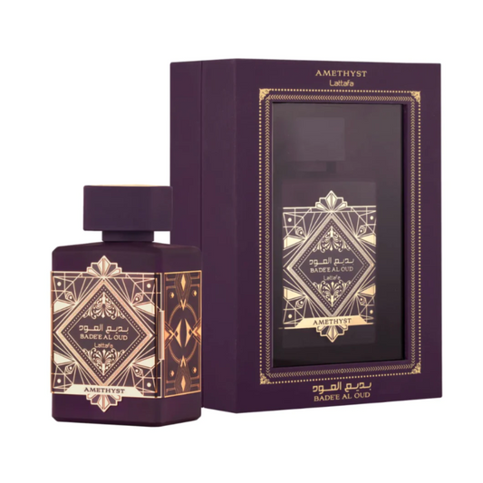 Badee al Oud Amethyst by Lattafa, full product bottle and box