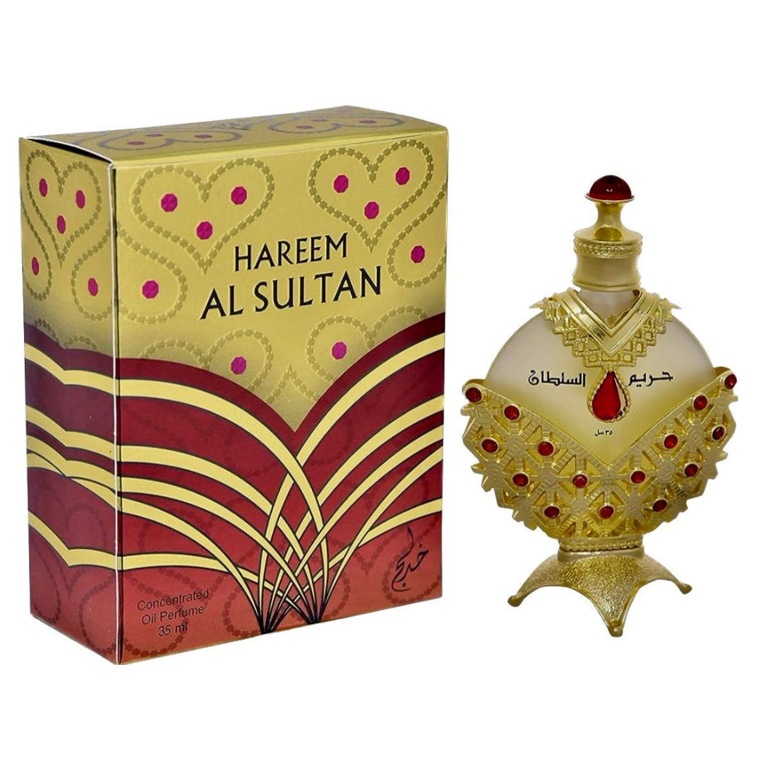 Hareem al Sultan Gold Perfume Oil, box and bottle