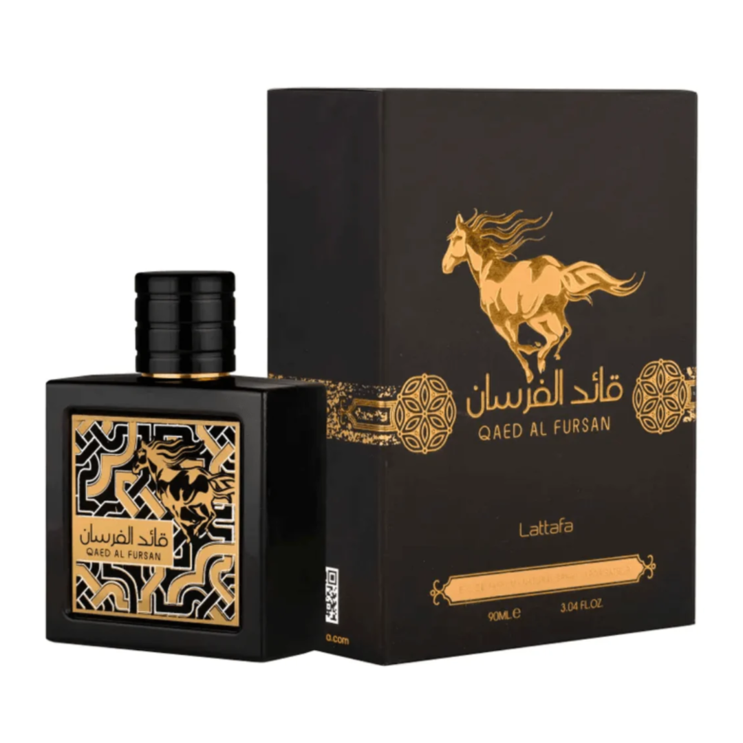 Qaed al Fursan by Lattafa, box and bottle