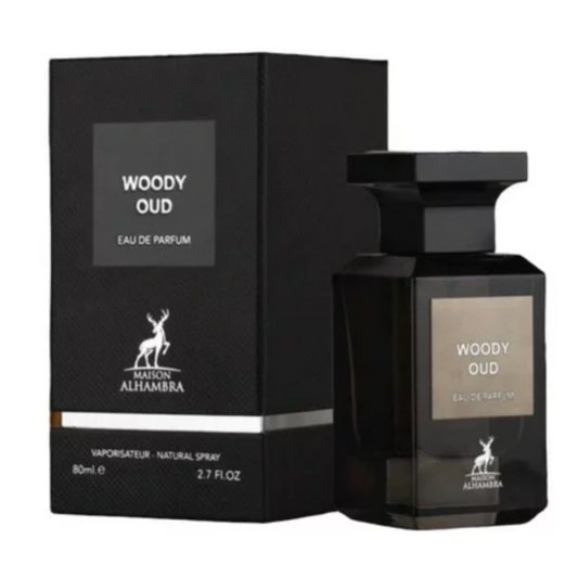 Woody Oud by Maison Alhambra, bottle and box