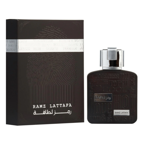 Ramz Silver by Lattafa, box and bottle