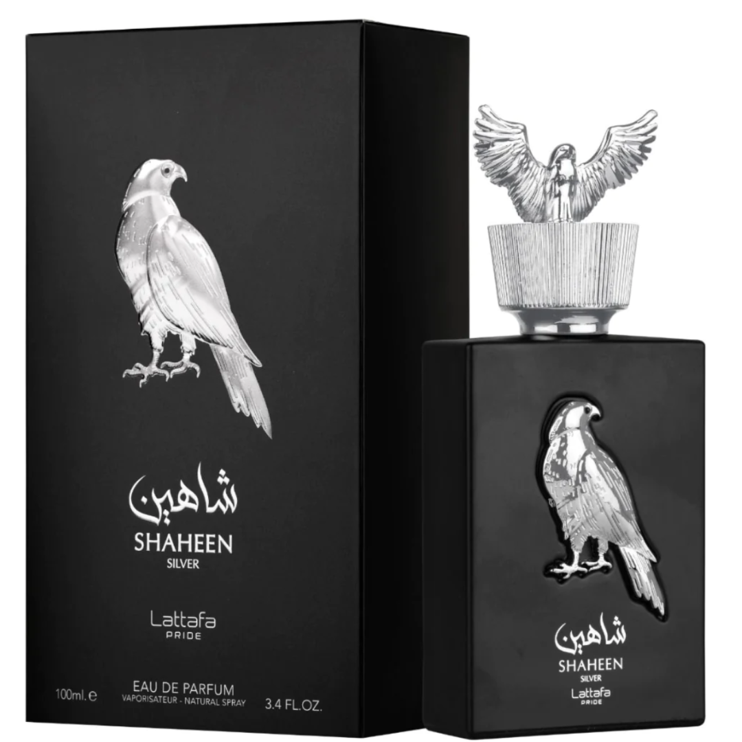 Shaheen Silver from Lattafa Pride, bottle and box front