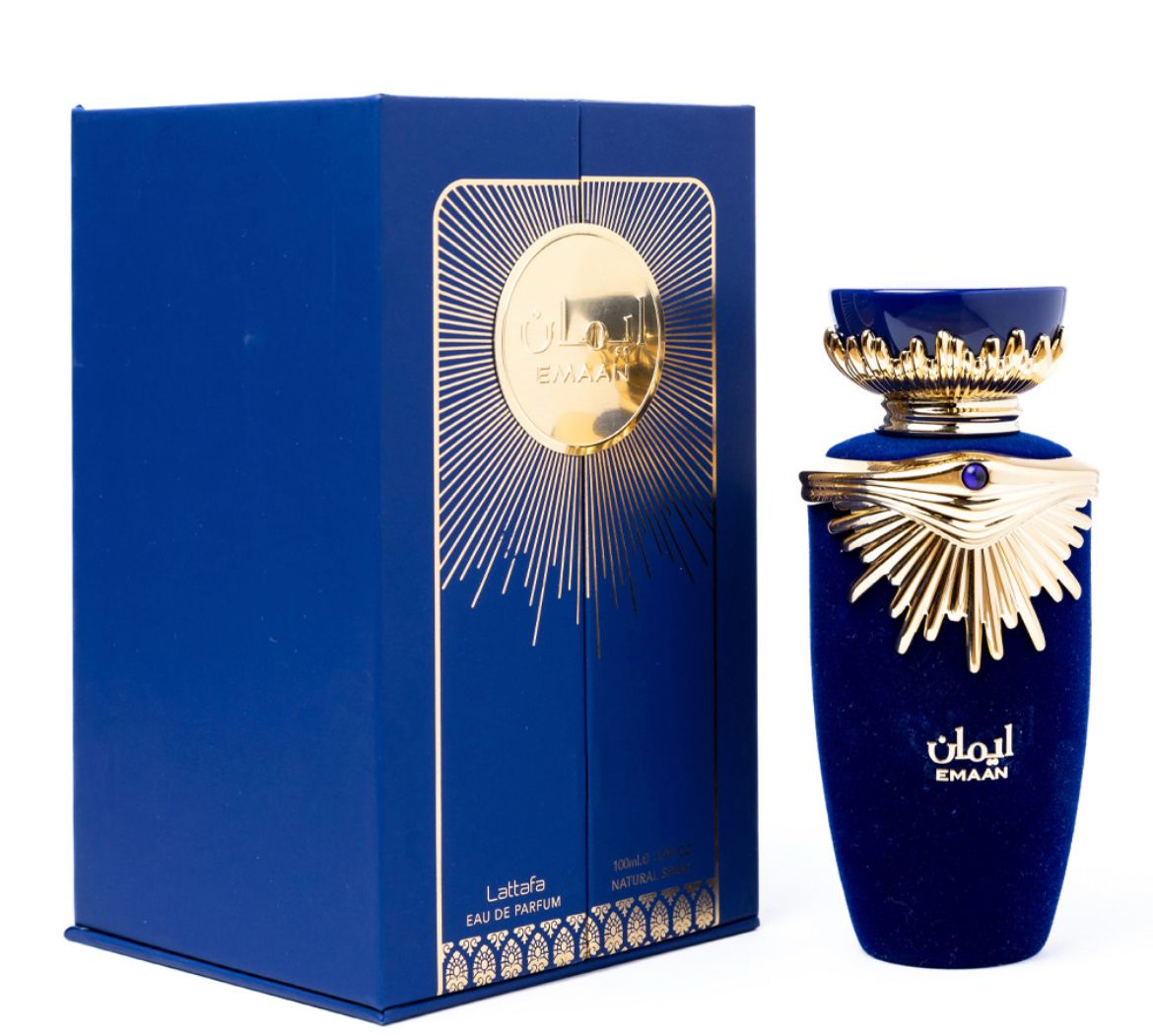 Emaan eau de parfum by Lattafa, box and bottle sideview