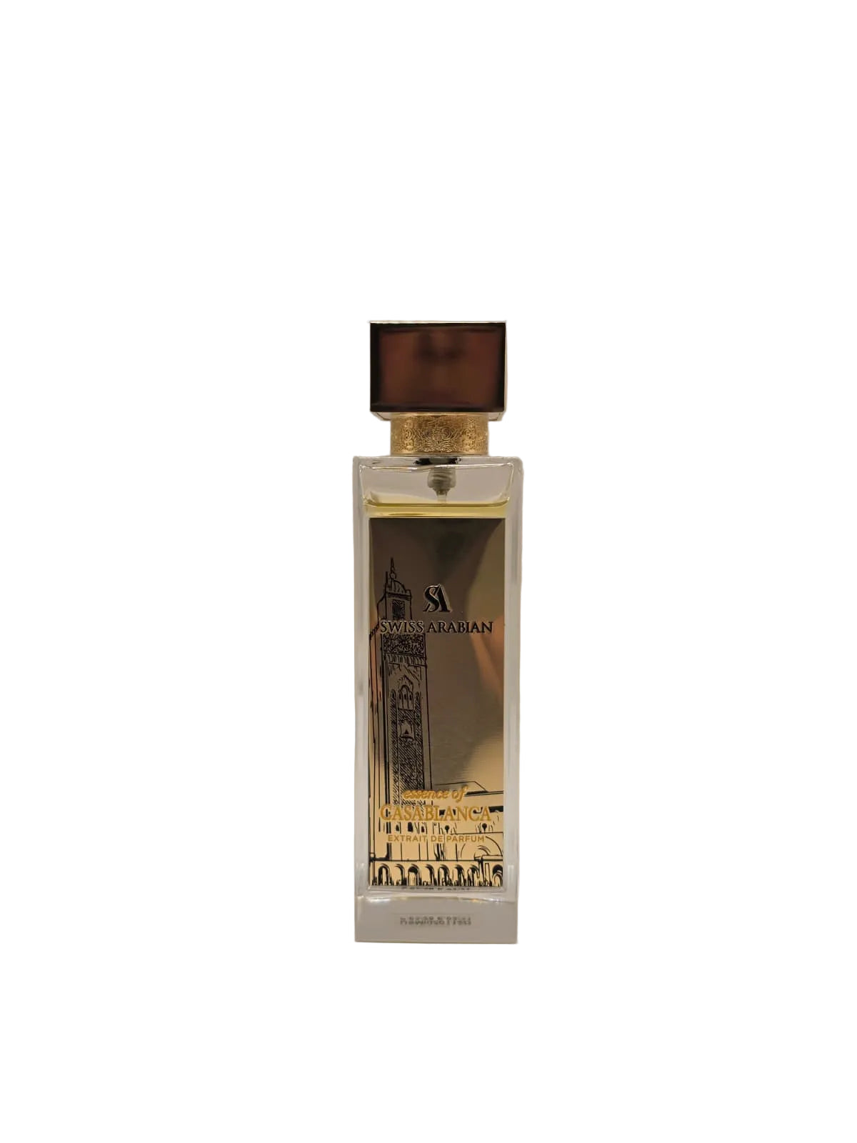 Perfume bottle with decorative label on a light gray background