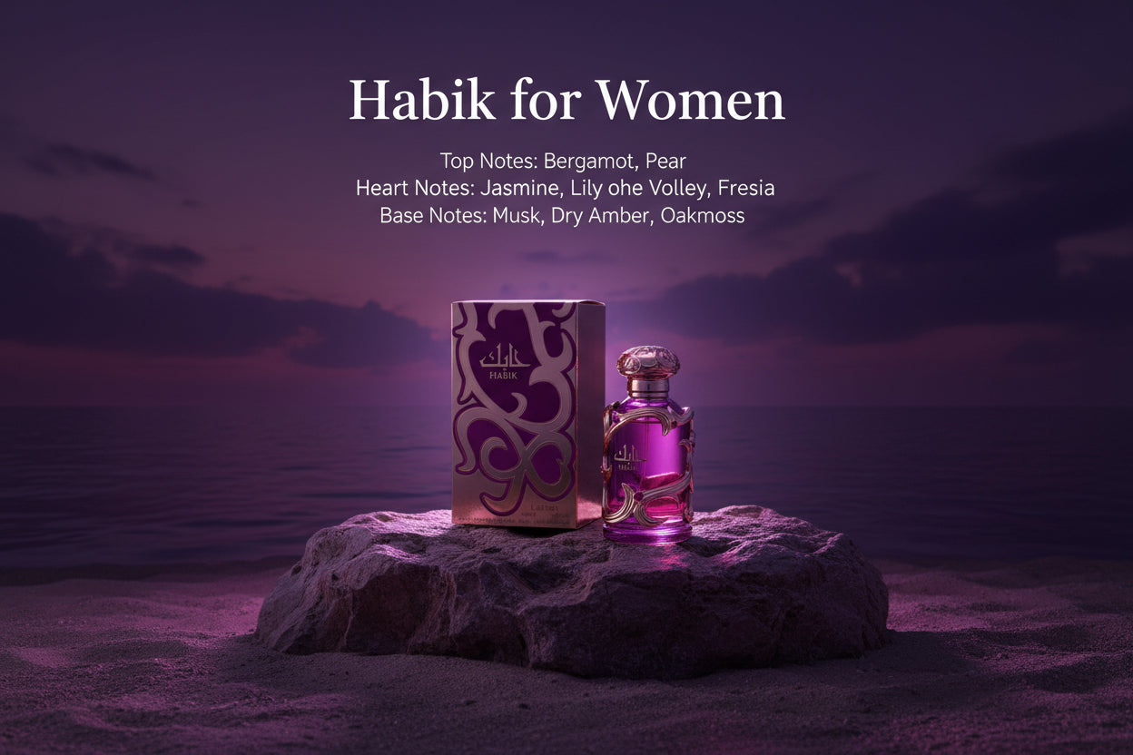 Perfume bottle and packaging with intricate design on a white background