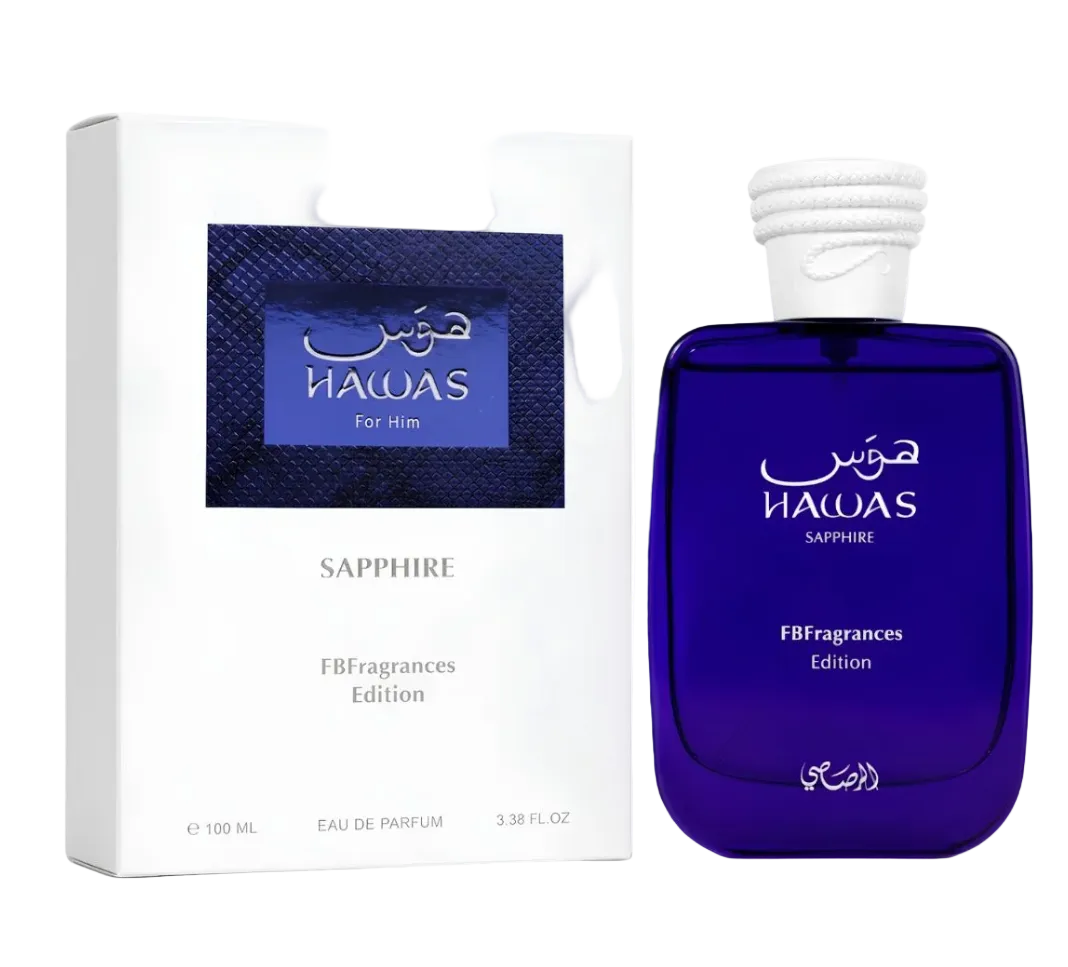 Nawas For Him SAPPHIRE Eau de Parfum bottle and its white retail box by FBFragrances Edition. The bottle is a deep cobalt blue glass with a white cap, and the box is white with a blue textured panel.