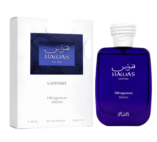 Nawas For Him SAPPHIRE Eau de Parfum bottle and its white retail box by FBFragrances Edition. The bottle is a deep cobalt blue glass with a white cap, and the box is white with a blue textured panel.