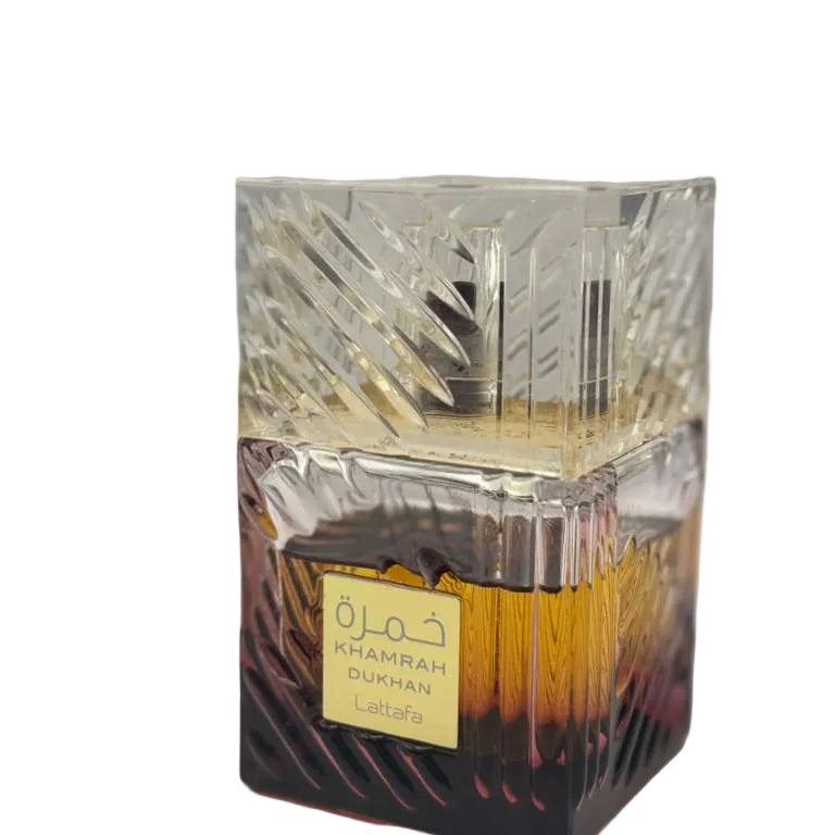 Perfume bottle with decorative packaging on a gray background