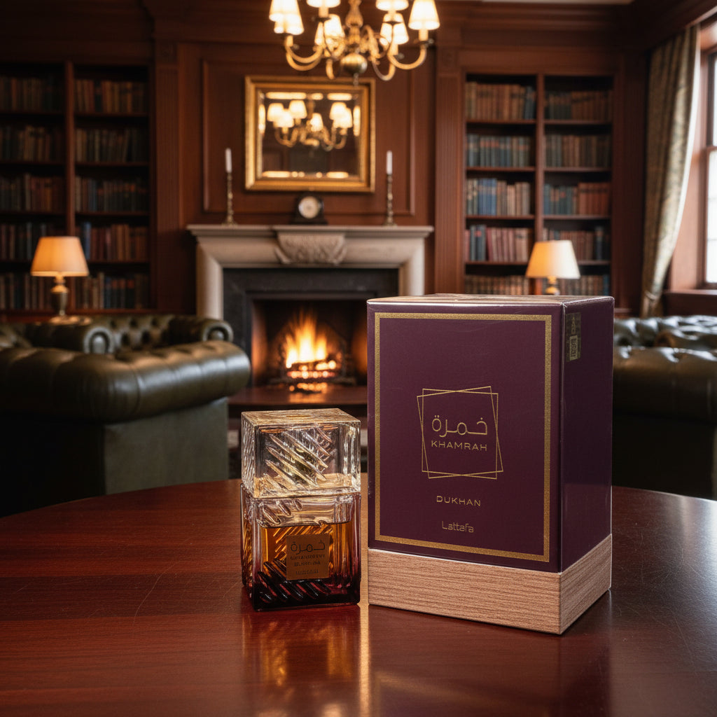 Khamrah Dukhan perfume bottle and packaging on a light gray background