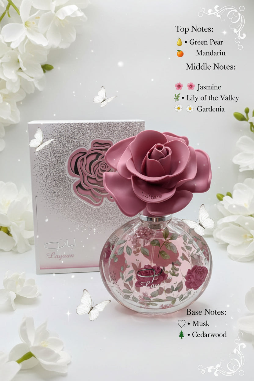 Pink rose-shaped perfume bottle with floral design on a white surface