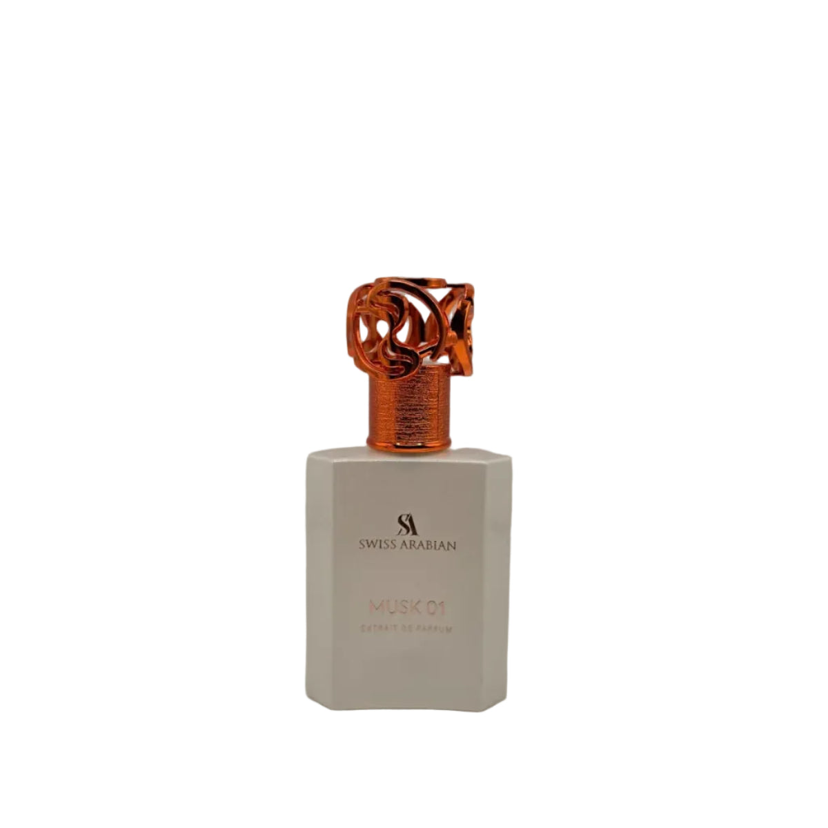 Perfume bottle with intricate design on a gray background