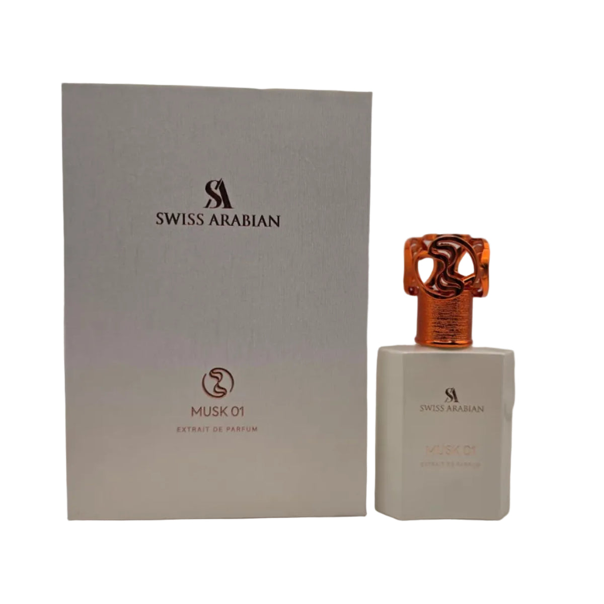 Swiss Arabian Musk Di perfume bottle with packaging on a light gray background