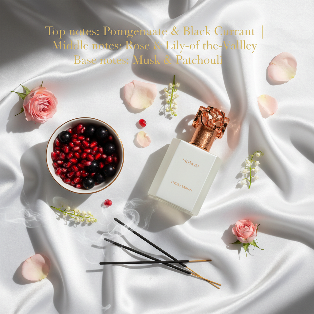 Perfume bottle labeled 'Musk 07' by Swiss Arabian on a white background