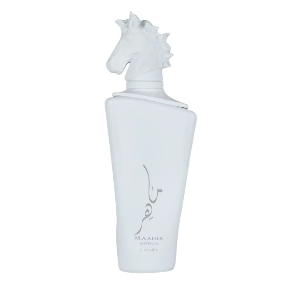 white perfume bottle with horse head