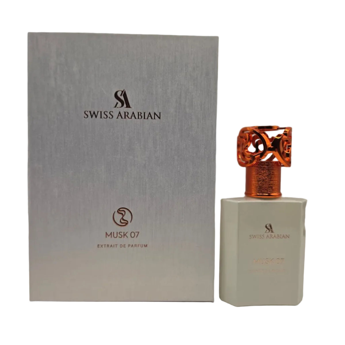 Swiss Arabian Musk 07 perfume bottle and packaging on a neutral background