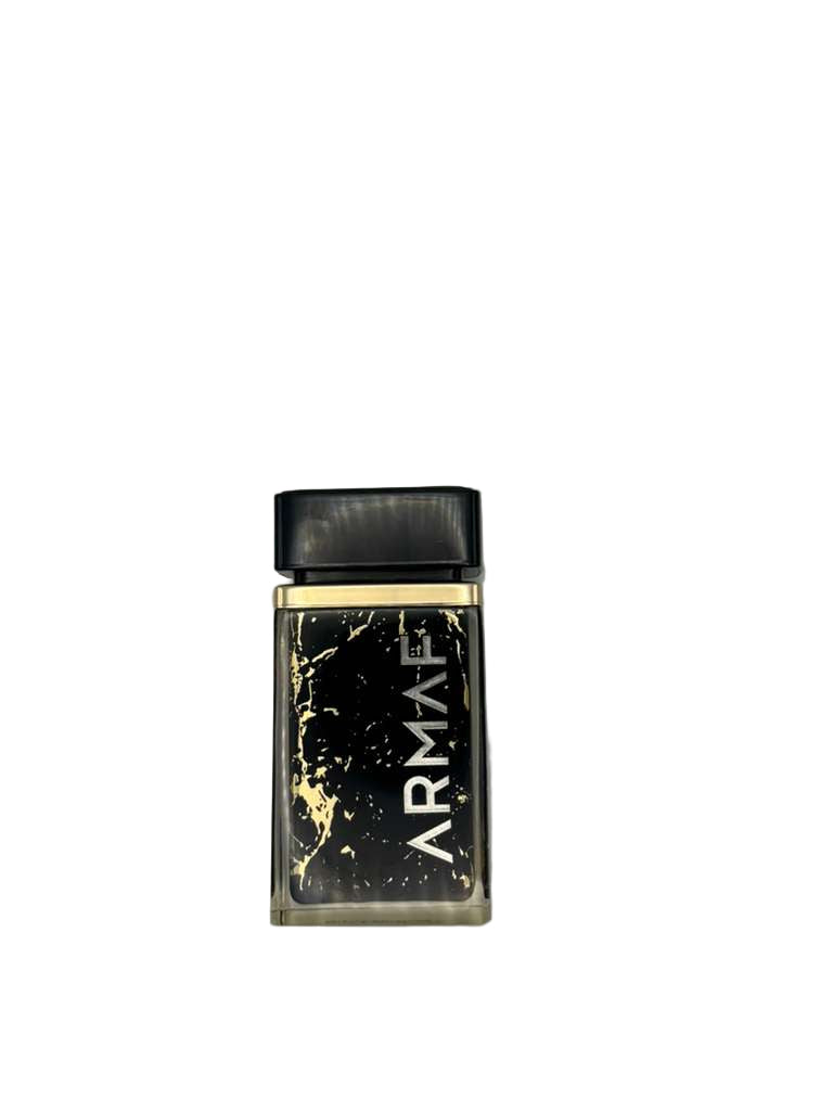 Black and gold perfume bottle with 'ARMAF' branding on a gray background