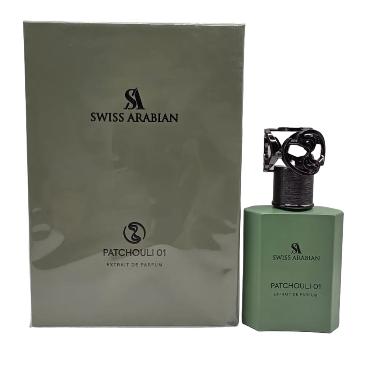 Swiss Arabian Patchouli 01 perfume bottle and packaging on a white background