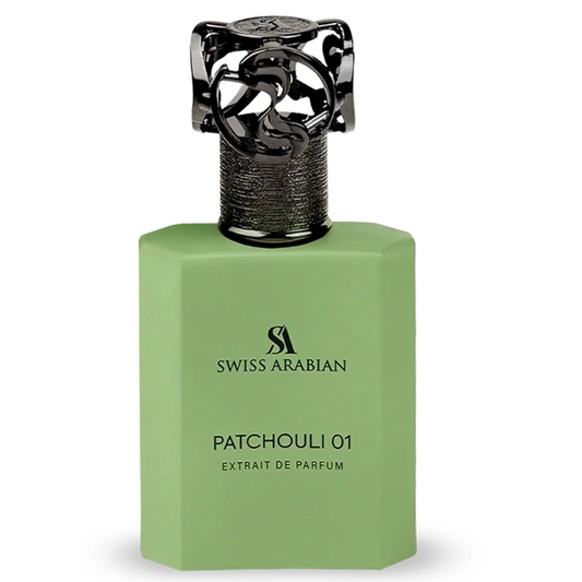 Green perfume bottle with black cap on a white background, featuring Swiss Arabian branding.
