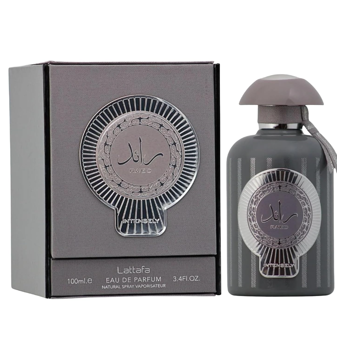 Perfume bottle and packaging with a brand logo on a white background