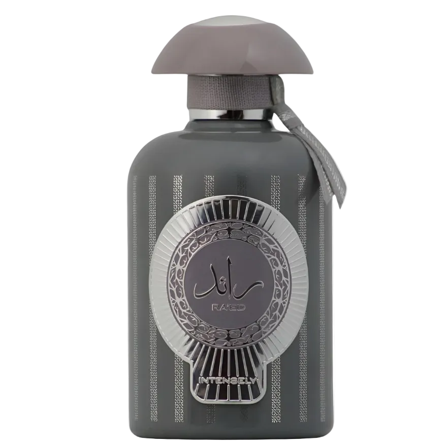 Gray perfume bottle with decorative elements on a white background