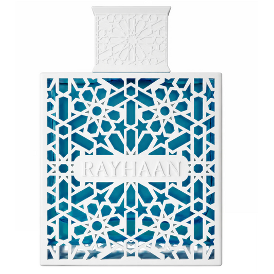 Rayhaan perfume bottle with a white geometric cutout design and blue background, featuring the brand name 'RAYHAAN' on the front.
