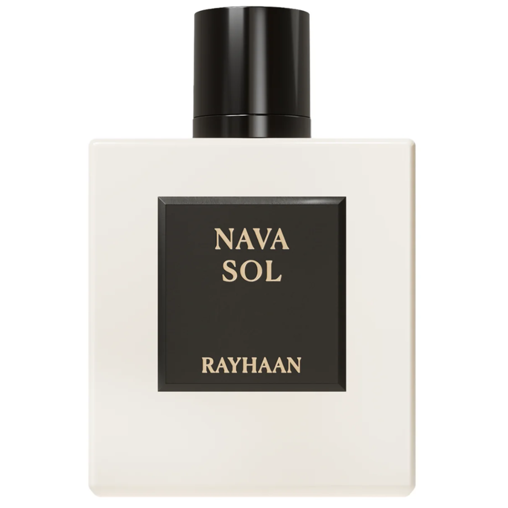 A rectangular fragrance bottle with a matte off-white body and a black cap, featuring a black front label with gold text reading 'NAVA SOL' and 'RAYHAAN'.