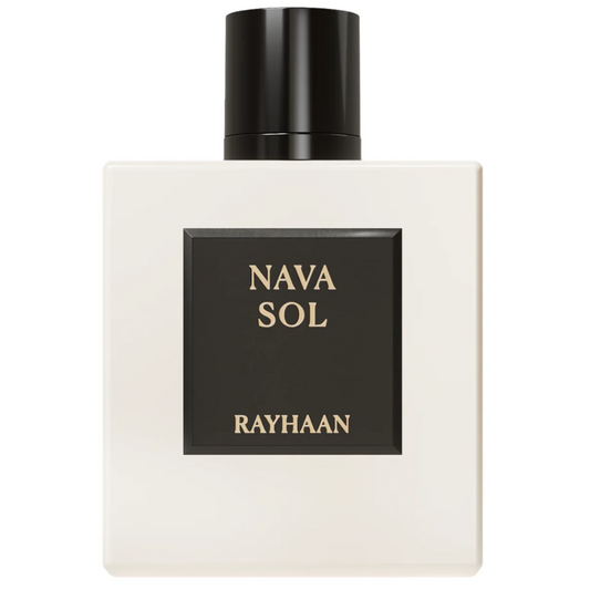 A rectangular fragrance bottle with a matte off-white body and a black cap, featuring a black front label with gold text reading 'NAVA SOL' and 'RAYHAAN'.